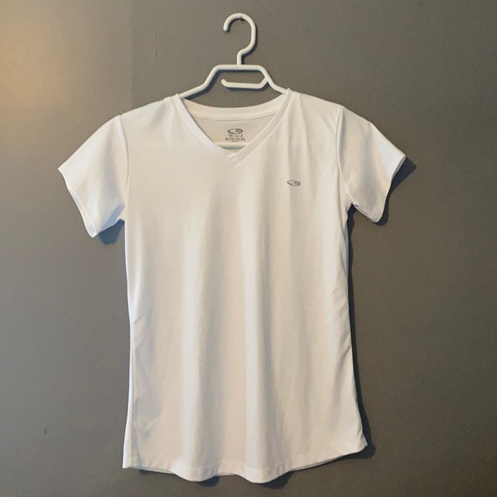 Youth XL white, dri-fit tee shirt.